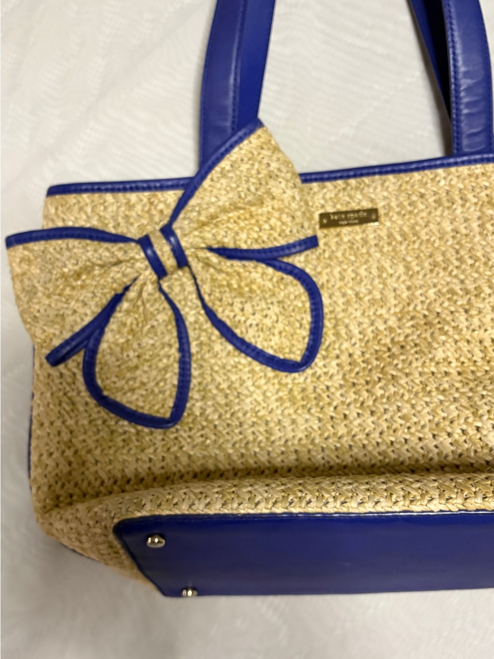 Kate Spade New York Straw Woven Tote Bag Blue Leather Trim Bow Accent - Picture 4 of 13